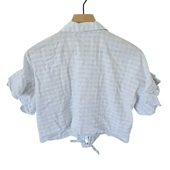 Cupcakes & Cashmere Sunnie Top Blue Gingham Tie-Hem Ruffle Sleeve M - Picture 4 of 5